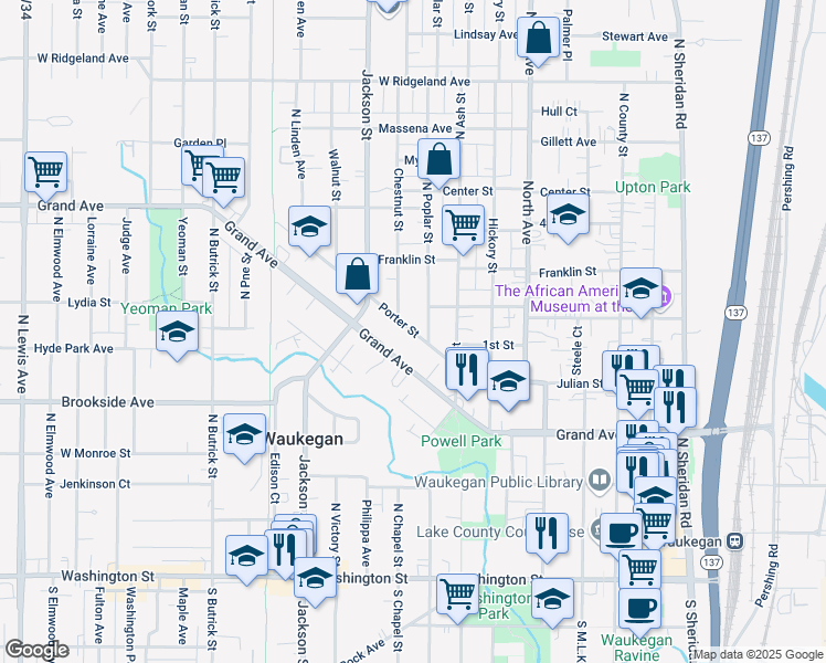 map of restaurants, bars, coffee shops, grocery stores, and more near 671 Porter Street in Waukegan
