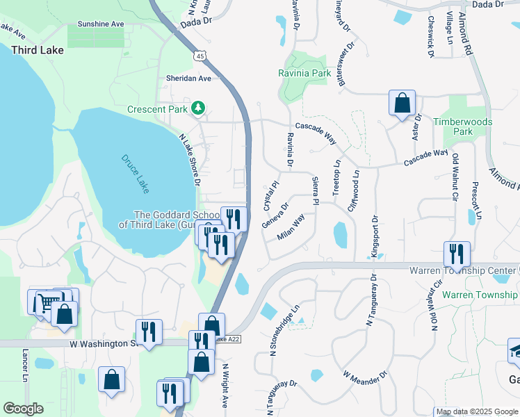 map of restaurants, bars, coffee shops, grocery stores, and more near 7796 Geneva Drive in Gurnee