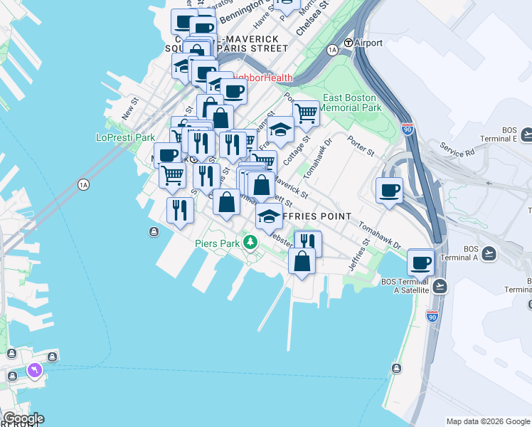 map of restaurants, bars, coffee shops, grocery stores, and more near 141 Webster Street in Boston