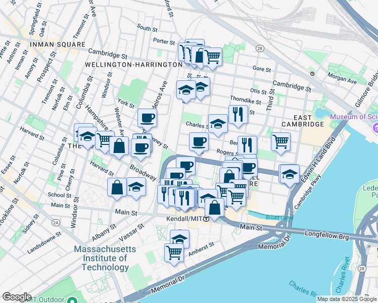 map of restaurants, bars, coffee shops, grocery stores, and more near 264 Binney Street in Cambridge
