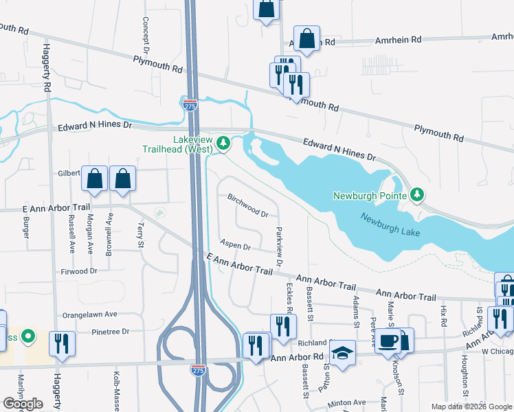 map of restaurants, bars, coffee shops, grocery stores, and more near 11404 Cedar Lane in Plymouth