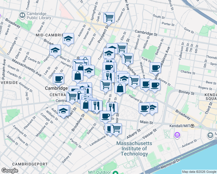 map of restaurants, bars, coffee shops, grocery stores, and more near in Cambridge
