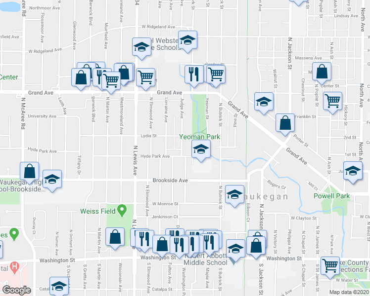 map of restaurants, bars, coffee shops, grocery stores, and more near 429 Judge Avenue in Waukegan