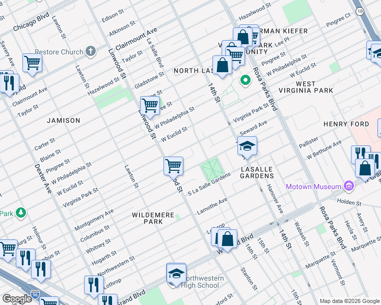 map of restaurants, bars, coffee shops, grocery stores, and more near 2455 Virginia Park Street in Detroit