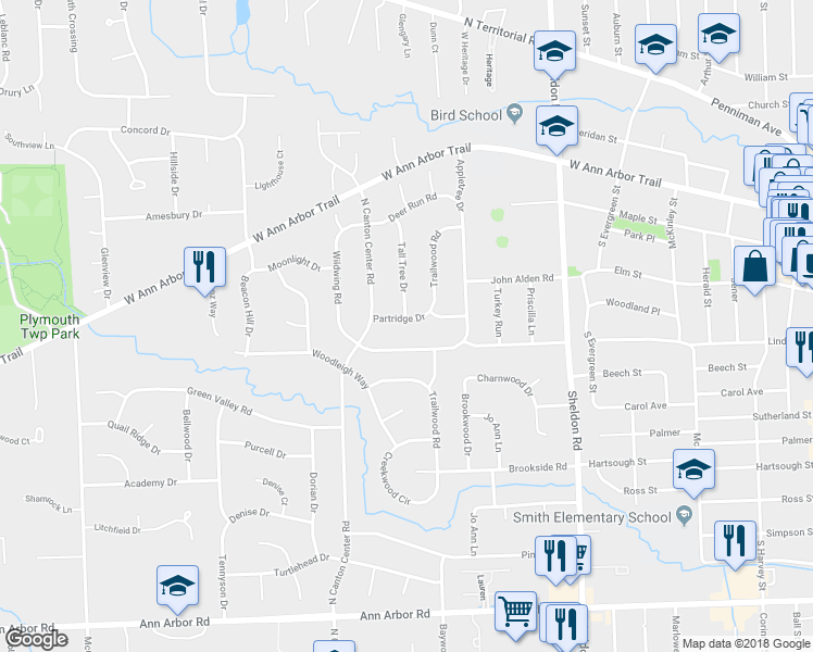 map of restaurants, bars, coffee shops, grocery stores, and more near 44965 Partridge Drive in Plymouth