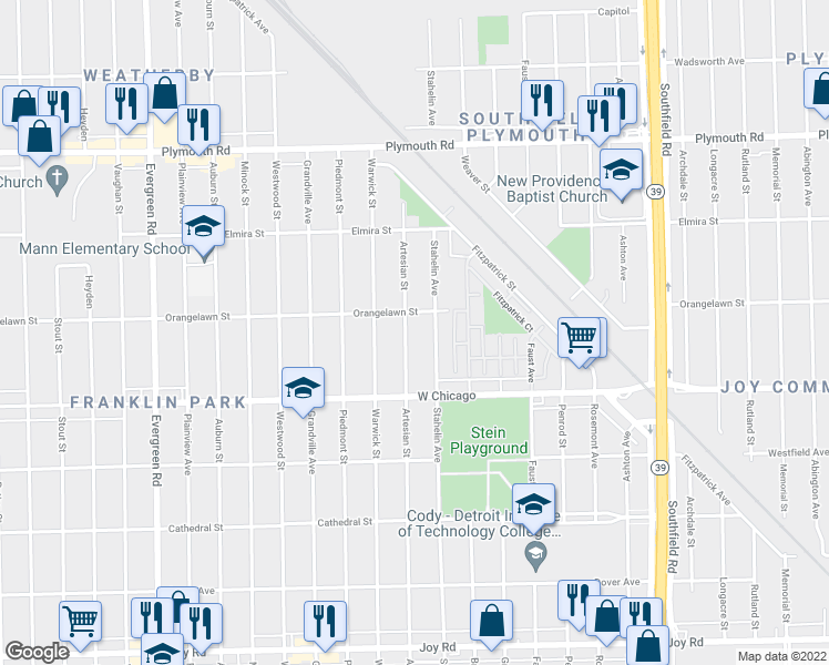 map of restaurants, bars, coffee shops, grocery stores, and more near 9624 Artesian Street in Detroit
