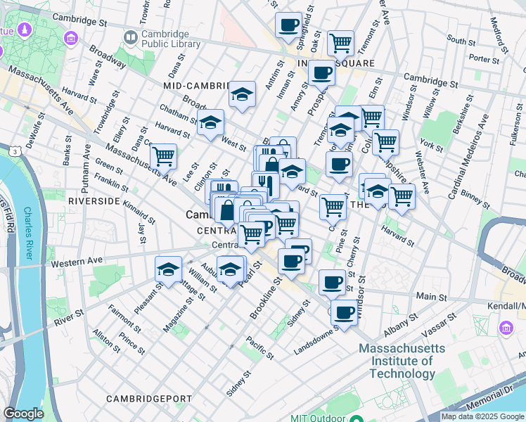 map of restaurants, bars, coffee shops, grocery stores, and more near 6 Saint Paul Street in Cambridge