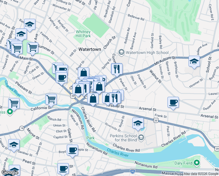map of restaurants, bars, coffee shops, grocery stores, and more near 69 Mount Auburn Street in Watertown
