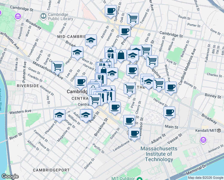 map of restaurants, bars, coffee shops, grocery stores, and more near 55 Essex Street in Cambridge