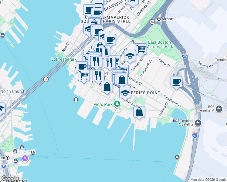 map of restaurants, bars, coffee shops, grocery stores, and more near 16 Cottage Street in Boston