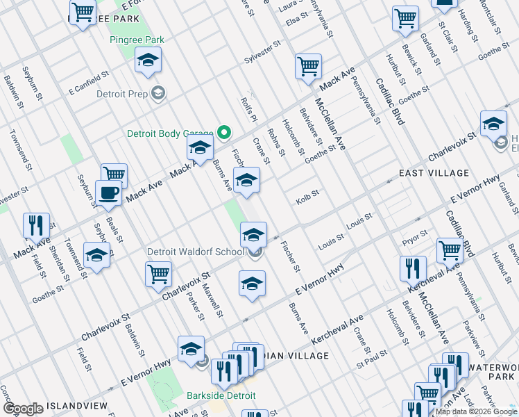 map of restaurants, bars, coffee shops, grocery stores, and more near 8650 Goethe Street in Detroit