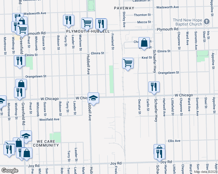 map of restaurants, bars, coffee shops, grocery stores, and more near 9515 Freeland Street in Detroit