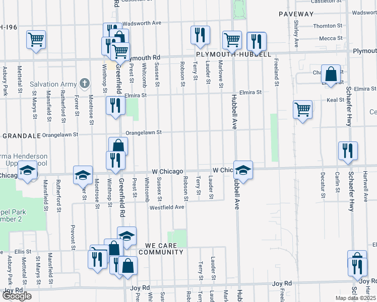 map of restaurants, bars, coffee shops, grocery stores, and more near 9584 Robson Street in Detroit