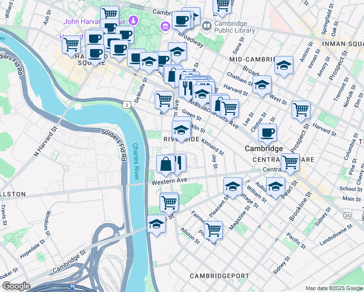 map of restaurants, bars, coffee shops, grocery stores, and more near 100 Putnam Avenue in Cambridge
