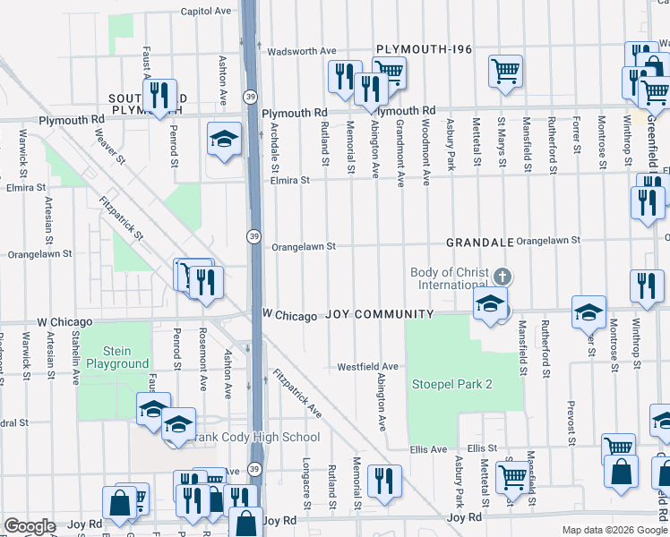 map of restaurants, bars, coffee shops, grocery stores, and more near 9660 Rutland Street in Detroit