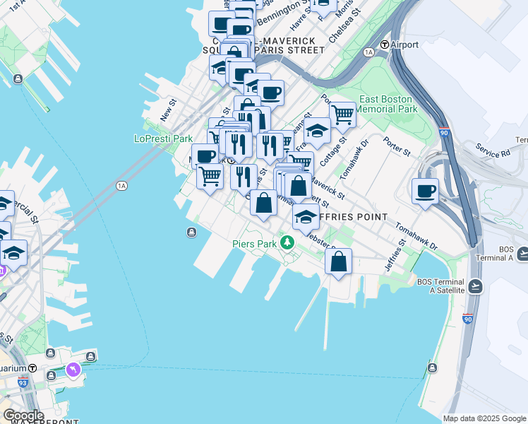 map of restaurants, bars, coffee shops, grocery stores, and more near 16 Cottage Street in Boston