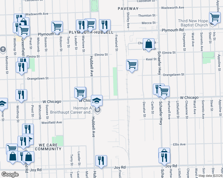 map of restaurants, bars, coffee shops, grocery stores, and more near 9574 Mark Twain Street in Detroit