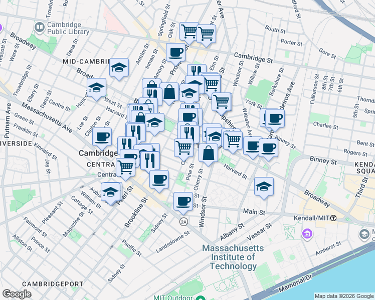 map of restaurants, bars, coffee shops, grocery stores, and more near 10 Elm Street in Cambridge