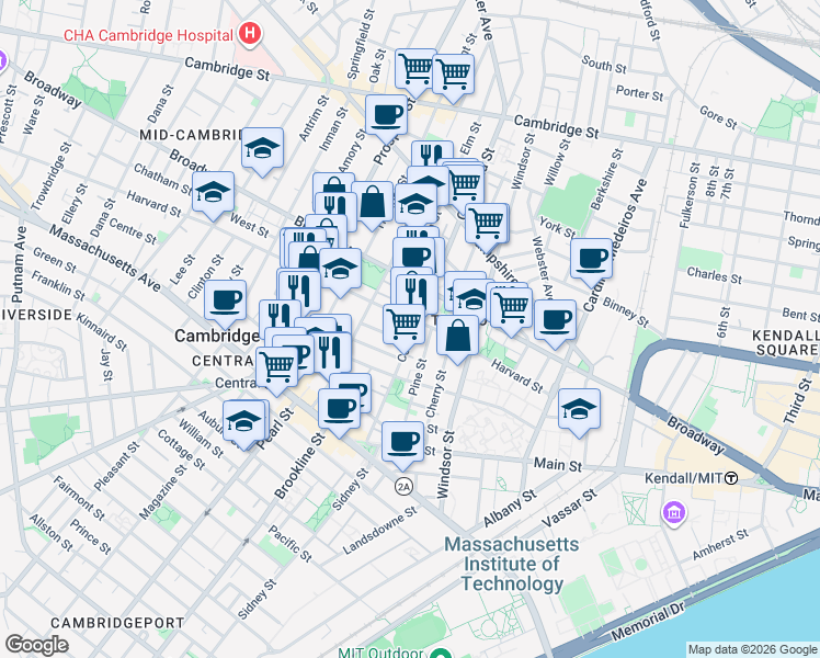 map of restaurants, bars, coffee shops, grocery stores, and more near 14 Elm Street in Cambridge