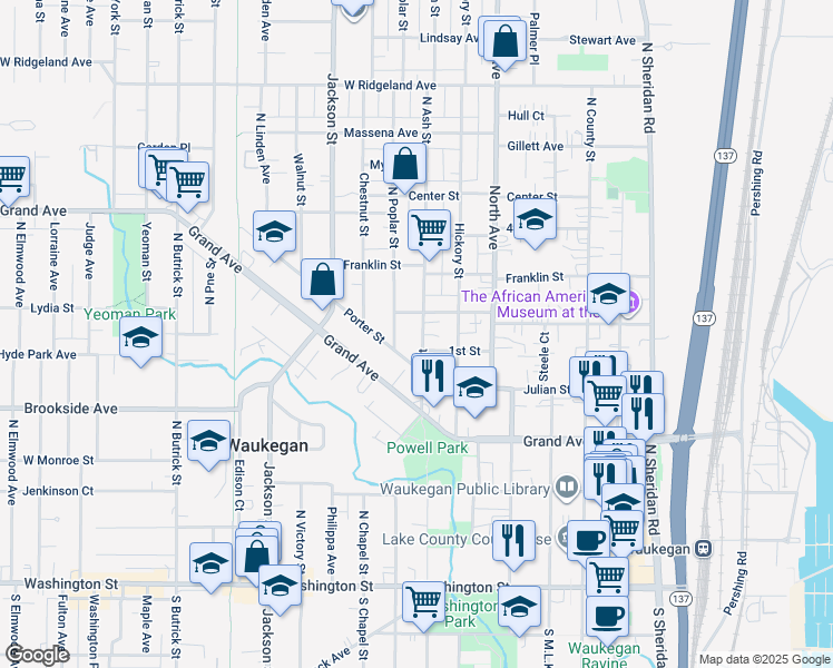 map of restaurants, bars, coffee shops, grocery stores, and more near 444 North Ash Street in Waukegan