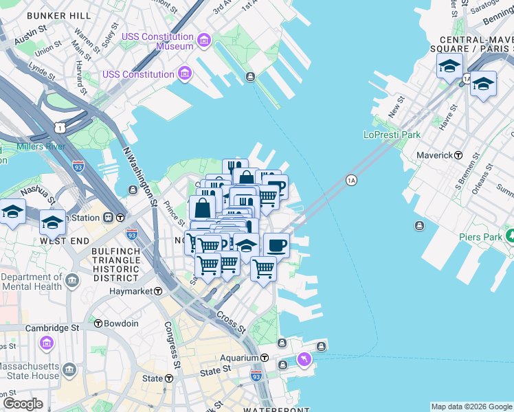 map of restaurants, bars, coffee shops, grocery stores, and more near 476498 Hanover Saint Exd in Boston