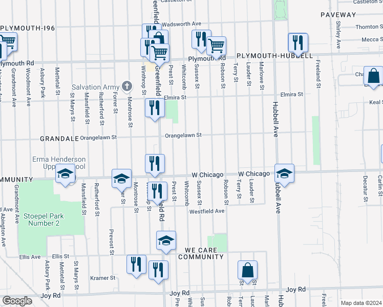 map of restaurants, bars, coffee shops, grocery stores, and more near 9590 Whitcomb Avenue in Detroit