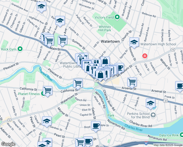 map of restaurants, bars, coffee shops, grocery stores, and more near 10A Winter Street in Watertown