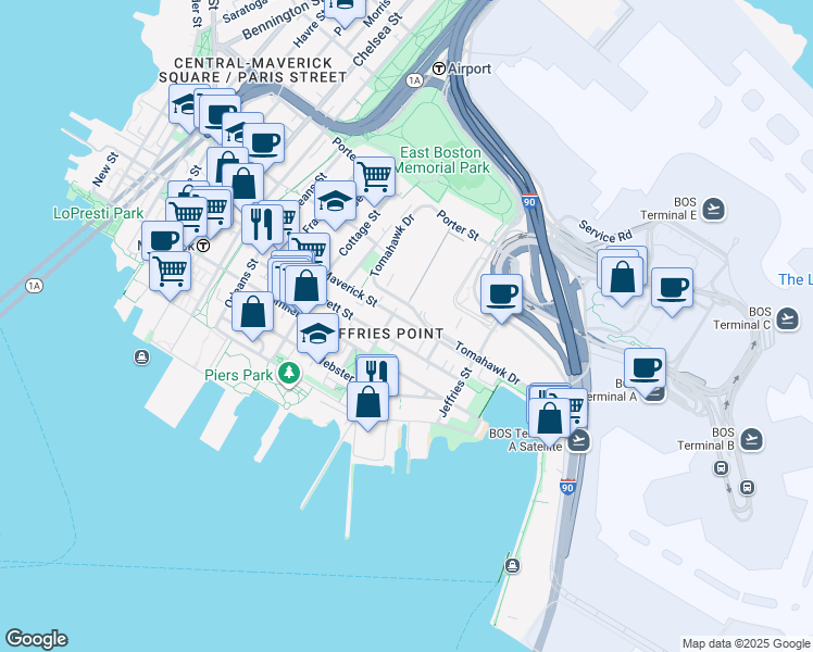 map of restaurants, bars, coffee shops, grocery stores, and more near 214-220 Tomahawk Drive in Boston