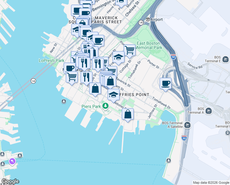 map of restaurants, bars, coffee shops, grocery stores, and more near 68 Cottage Street in Boston