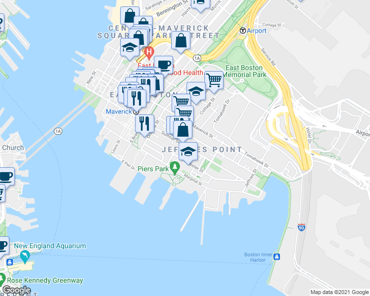 map of restaurants, bars, coffee shops, grocery stores, and more near 68 Cottage Street in Boston