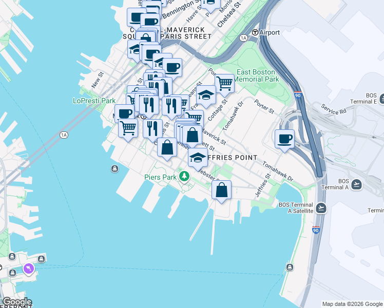 map of restaurants, bars, coffee shops, grocery stores, and more near 68 Cottage Street in Boston
