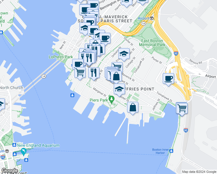 map of restaurants, bars, coffee shops, grocery stores, and more near 16 Cottage Street in Boston