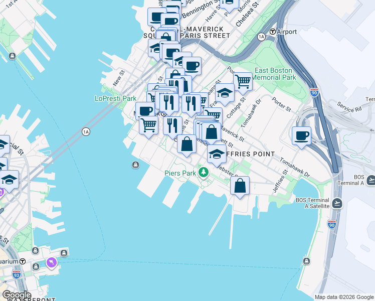 map of restaurants, bars, coffee shops, grocery stores, and more near 16 Cottage Street in Boston