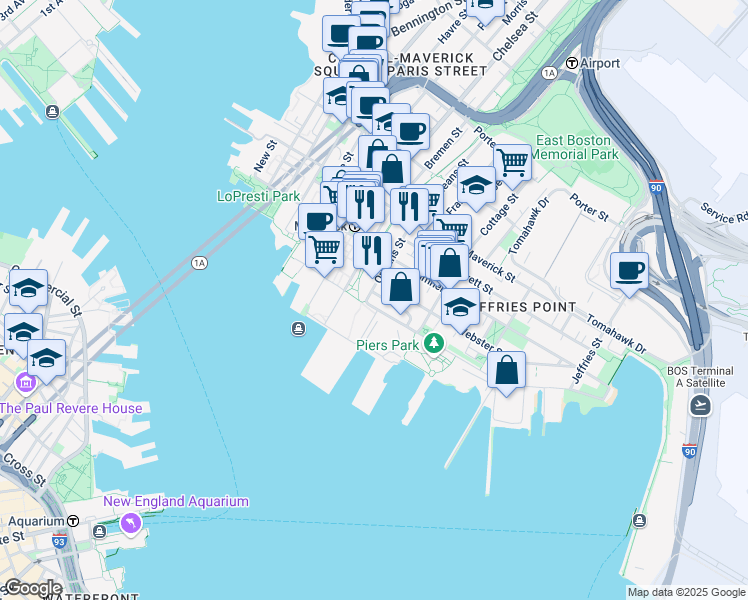 map of restaurants, bars, coffee shops, grocery stores, and more near 30 Orleans Street in Boston