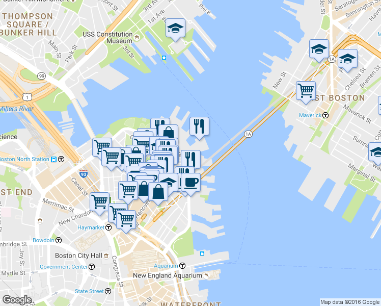 map of restaurants, bars, coffee shops, grocery stores, and more near 3 Battery Wharf in Boston