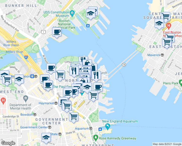 map of restaurants, bars, coffee shops, grocery stores, and more near 476498 Hanover Saint Exd in Boston