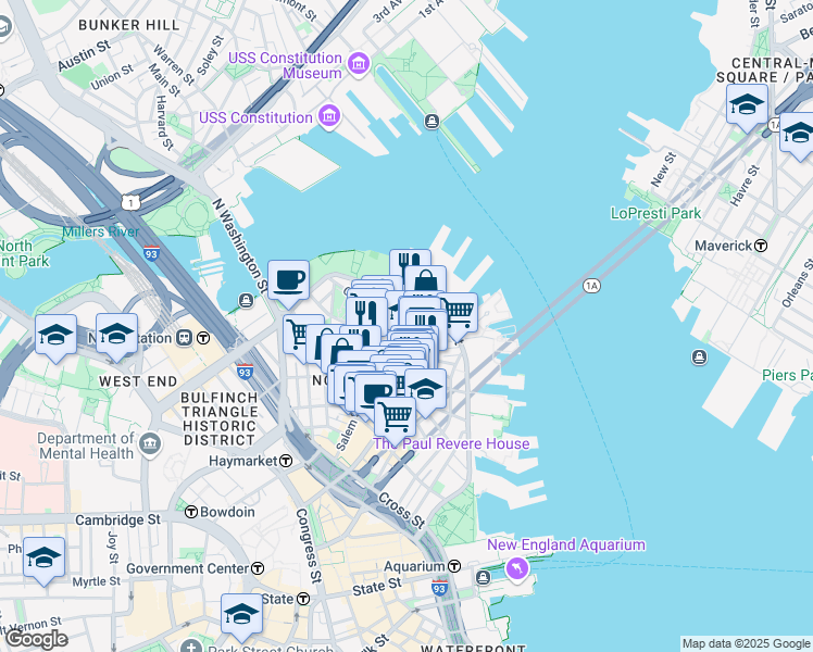 map of restaurants, bars, coffee shops, grocery stores, and more near in Boston