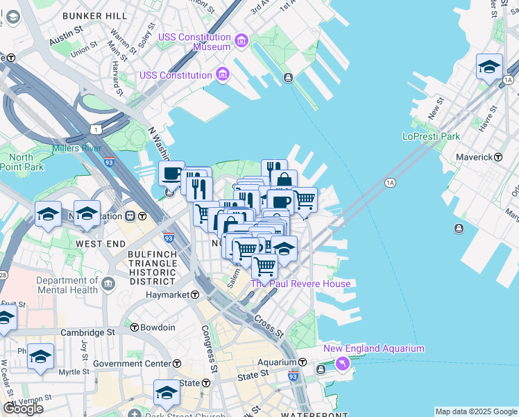 map of restaurants, bars, coffee shops, grocery stores, and more near 501 Commercial Street in Boston