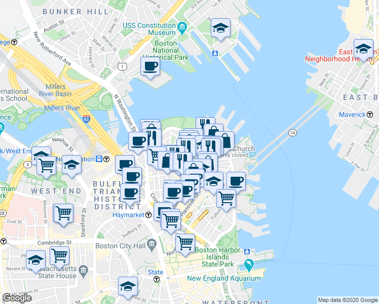 map of restaurants, bars, coffee shops, grocery stores, and more near 501 Commercial Street in Boston