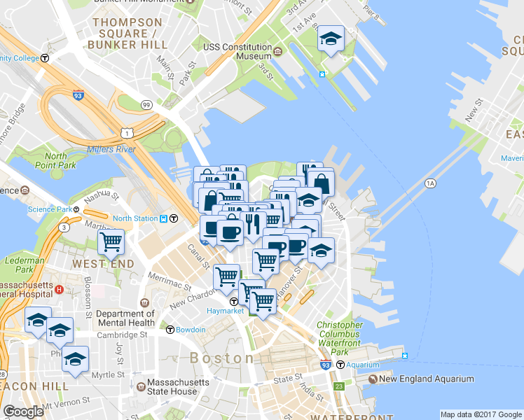 map of restaurants, bars, coffee shops, grocery stores, and more near 50 Snow Hill Street in Boston