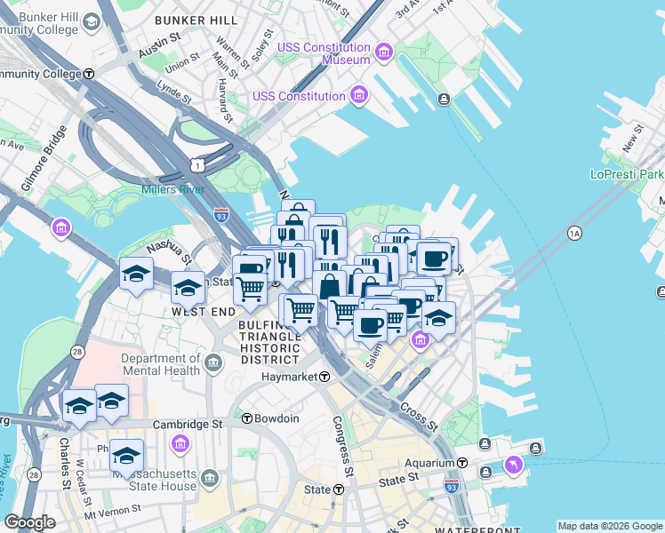 map of restaurants, bars, coffee shops, grocery stores, and more near 589 Commercial Street in Boston