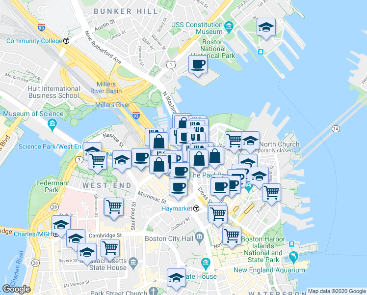map of restaurants, bars, coffee shops, grocery stores, and more near 160-170 North Washington Street in Boston