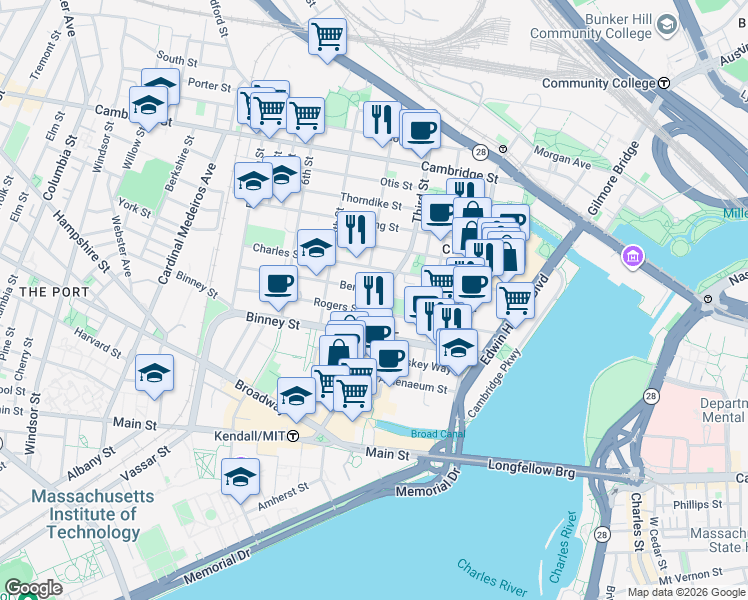 map of restaurants, bars, coffee shops, grocery stores, and more near 126-132 Charles Street in Cambridge