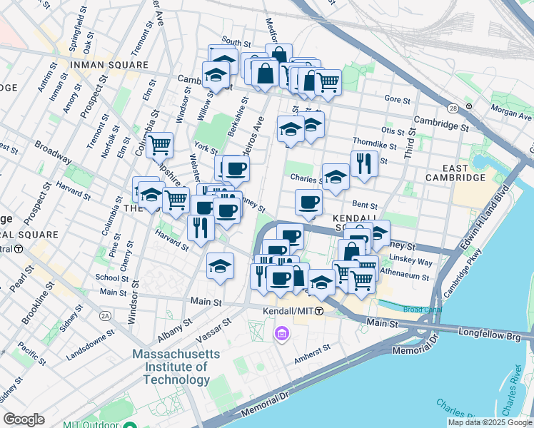 map of restaurants, bars, coffee shops, grocery stores, and more near 320 Fulkerson Street in Cambridge