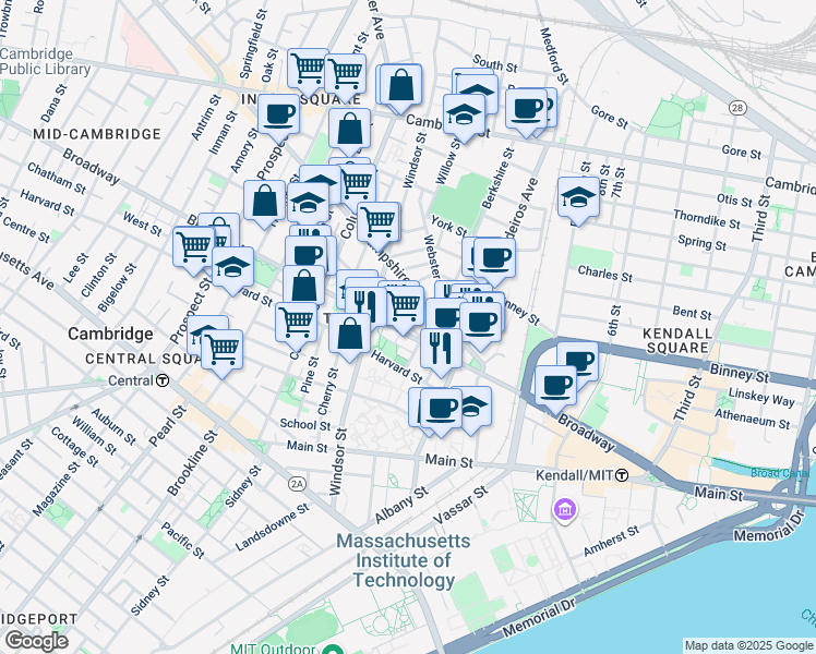 map of restaurants, bars, coffee shops, grocery stores, and more near 86 Bristol Street in Cambridge