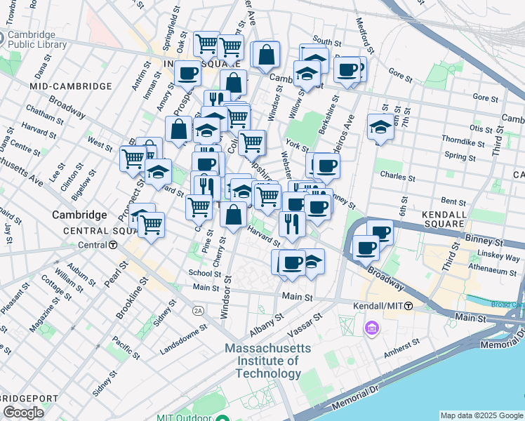 map of restaurants, bars, coffee shops, grocery stores, and more near 86 Bristol Street in Cambridge