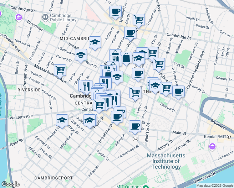 map of restaurants, bars, coffee shops, grocery stores, and more near 55 Essex Street in Cambridge