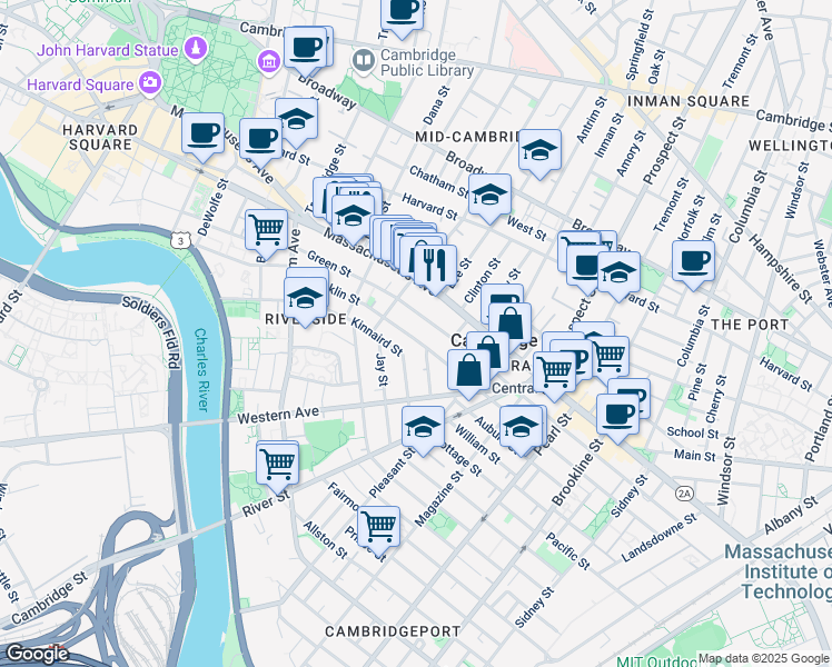 map of restaurants, bars, coffee shops, grocery stores, and more near 512 Green Street in Cambridge