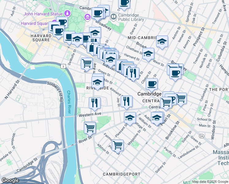 map of restaurants, bars, coffee shops, grocery stores, and more near 488 Franklin Street in Cambridge