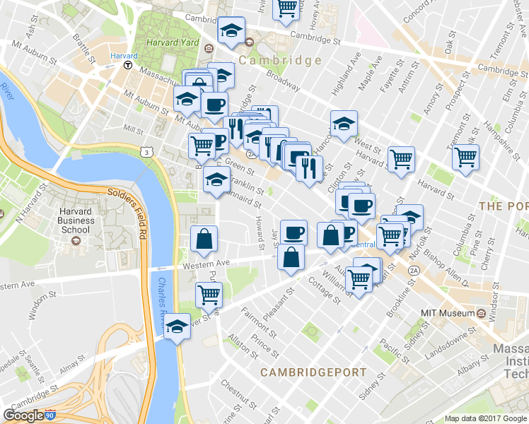 map of restaurants, bars, coffee shops, grocery stores, and more near 488 Franklin Street in Cambridge